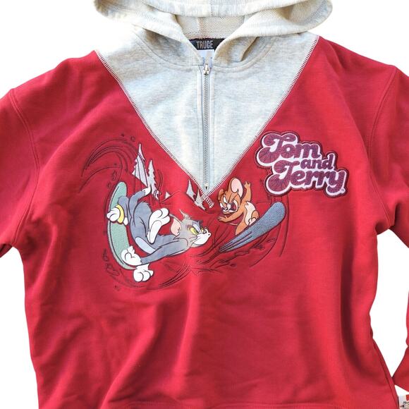 TRUCE Girl's Dark Red Terry Cotton Tom & Jerry Crop Hoodie Big Kids Size L / 14 - Picture 4 of 6